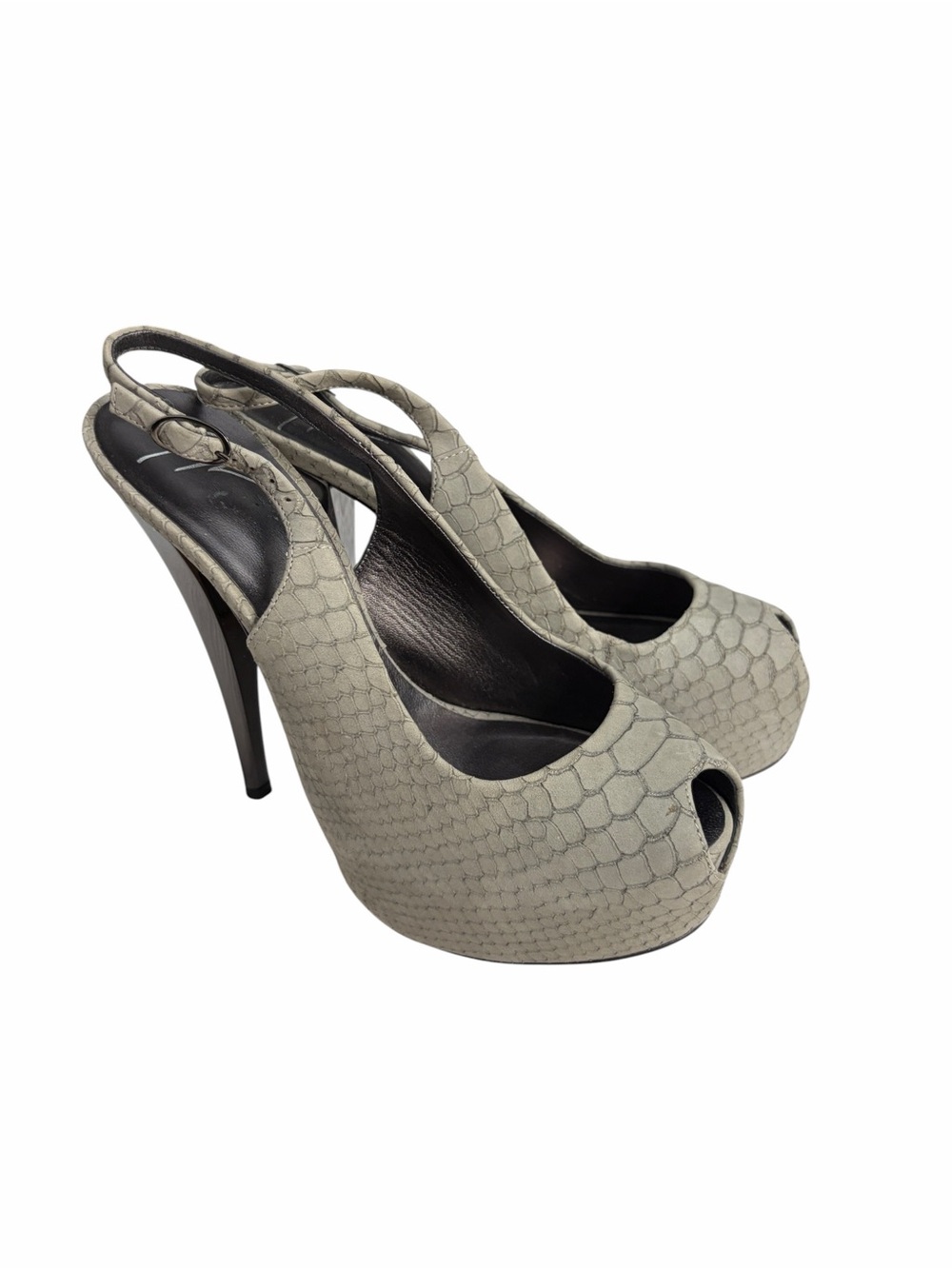 Giuseppe Zantotti  Gray Python-Embossed Suede Peep Toe Slingback Heels